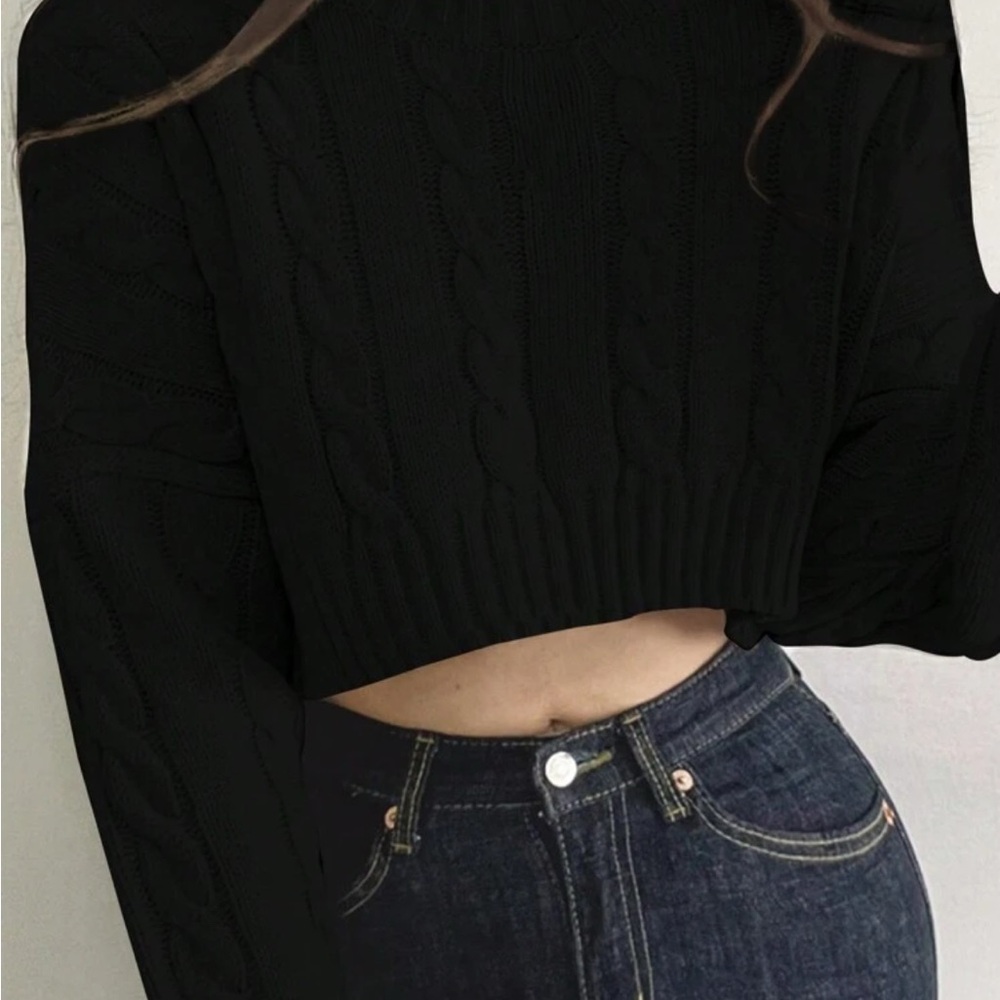 Cable Knit Cropped Sweater, Black, XL